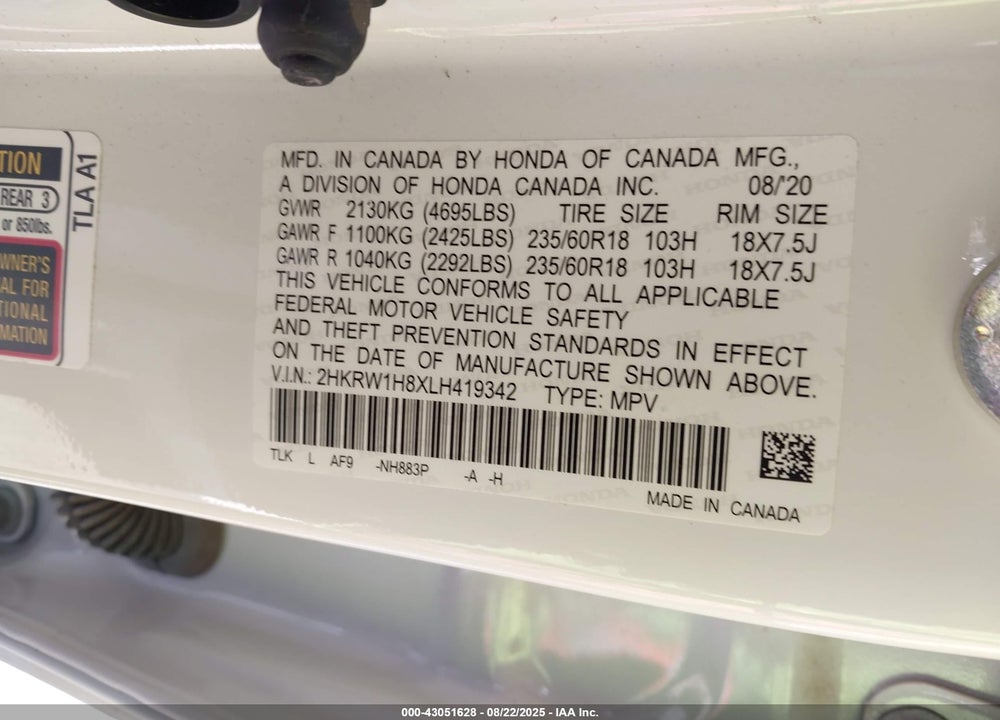 2020 HONDA CR-V VIN: 2HKRW1H8XLH419342