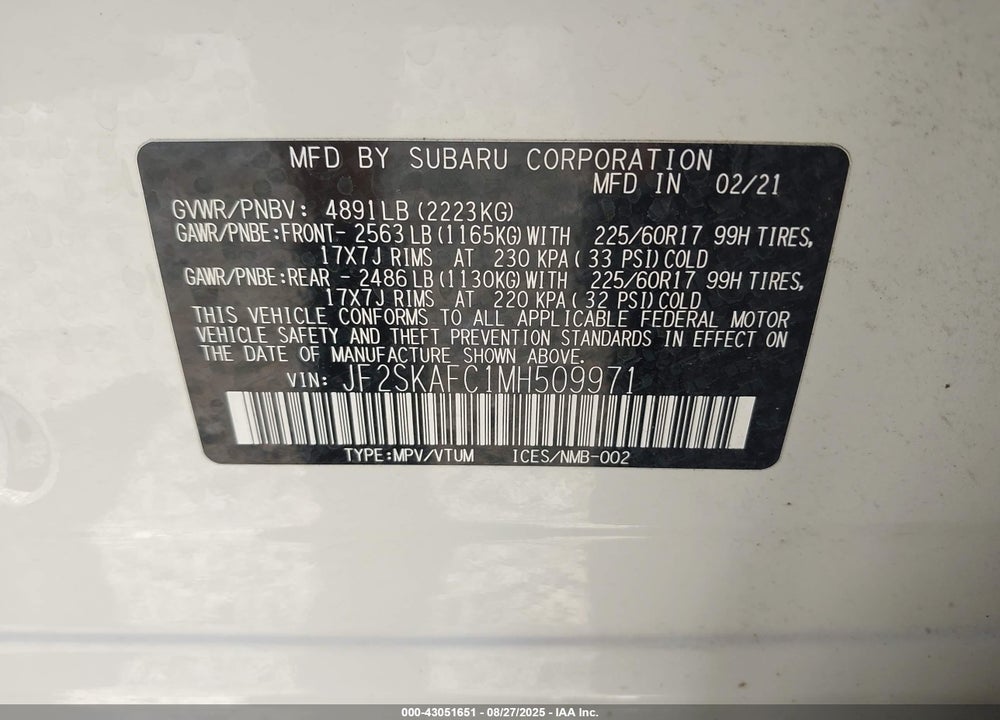 2021 SUBARU FORESTER VIN: JF2SKAFC1MH509971