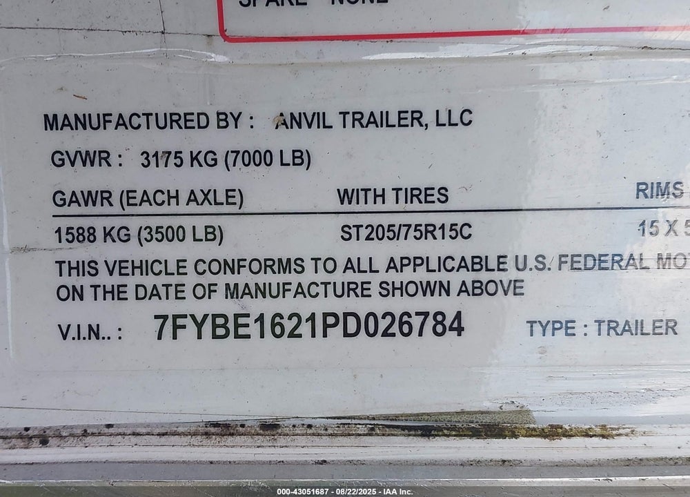 2023 ANVIL TRAILER OTHER VIN: 7FYBE1621PD026784