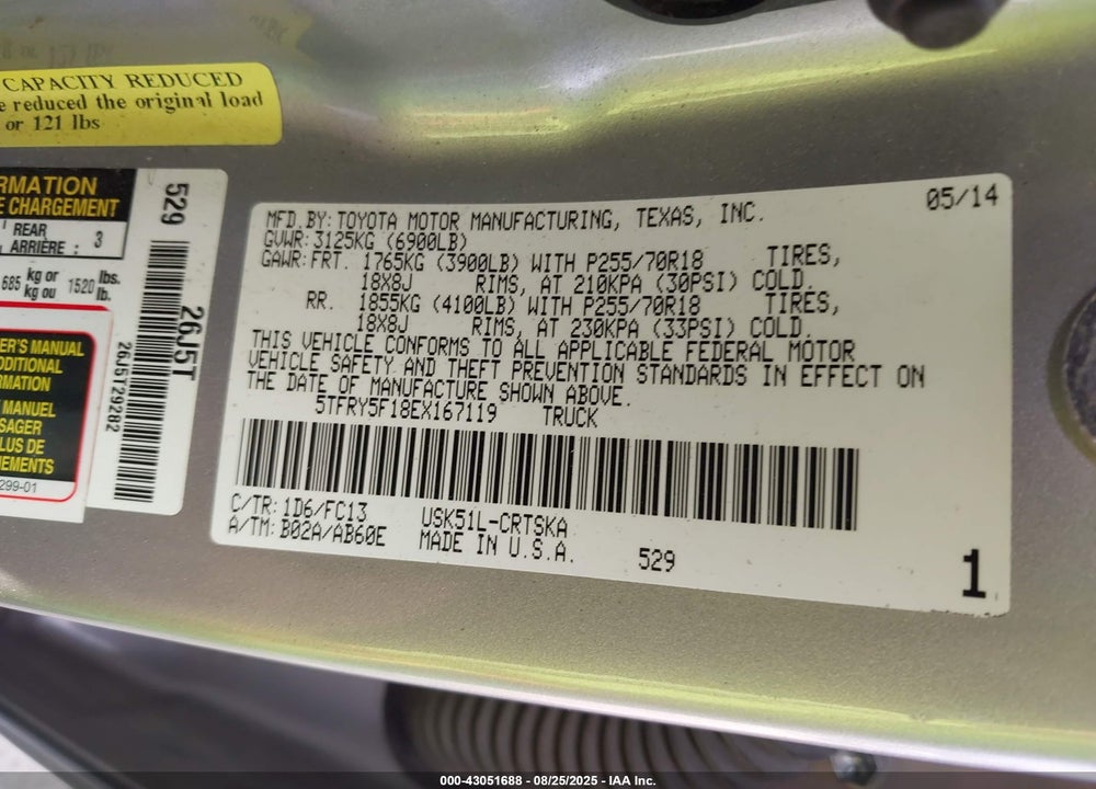 2014 TOYOTA TUNDRA VIN: 5TFRY5F18EX167119