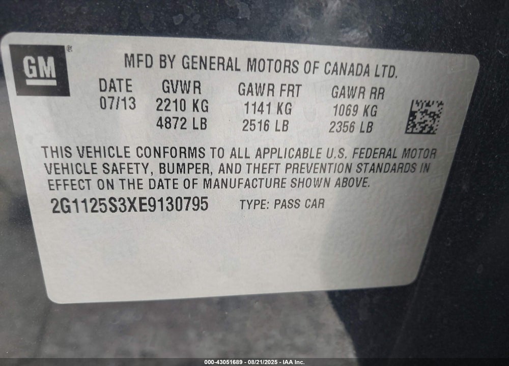 2014 CHEVROLET IMPALA VIN: 2G1125S3XE9130795