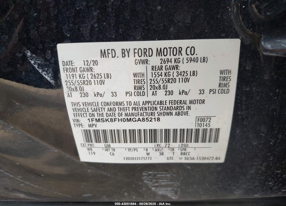 2021 FORD EXPLORER LIMITED VIN: 1FMSK8FH0MGA85218