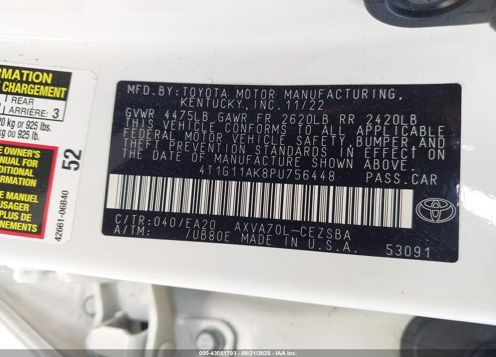 2023 TOYOTA CAMRY VIN: 4T1G11AK8PU756448