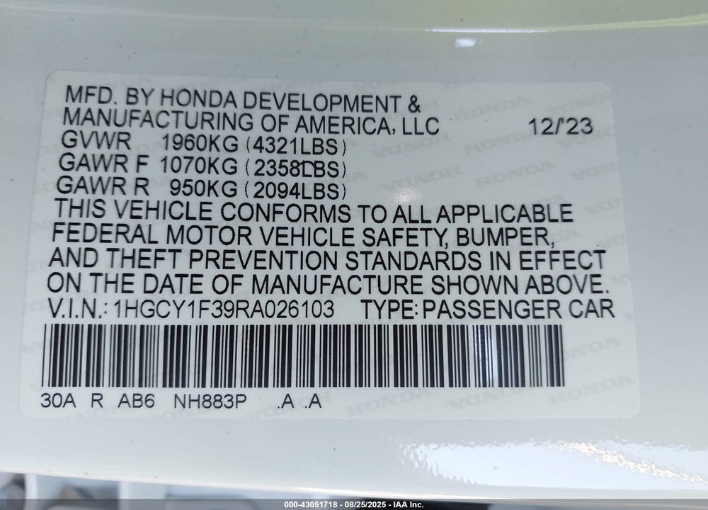 2024 HONDA ACCORD EX VIN: 1HGCY1F39RA026103