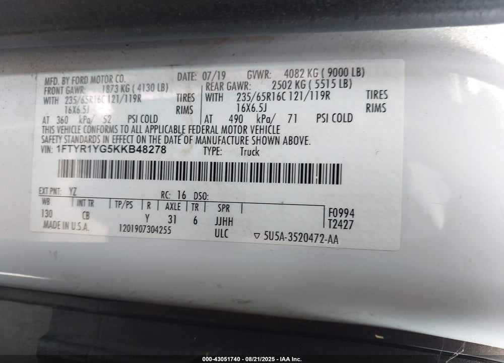 2019 FORD TRANSIT-250 VIN: 1FTYR1YG5KKB48278