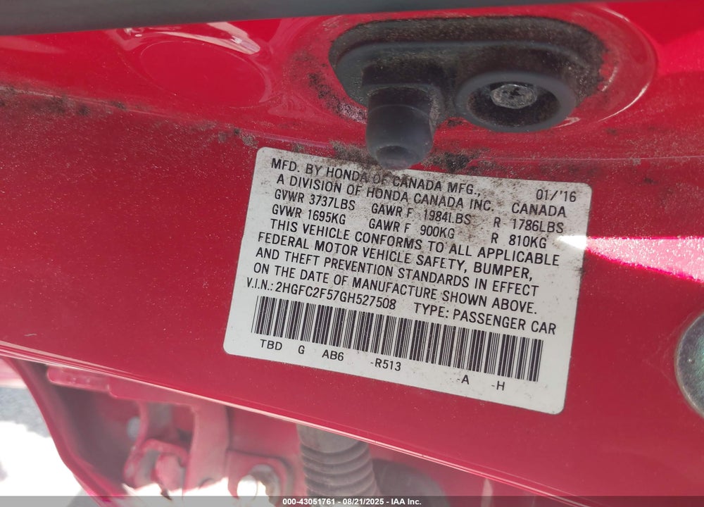 2016 HONDA CIVIC VIN: 2HGFC2F57GH527508
