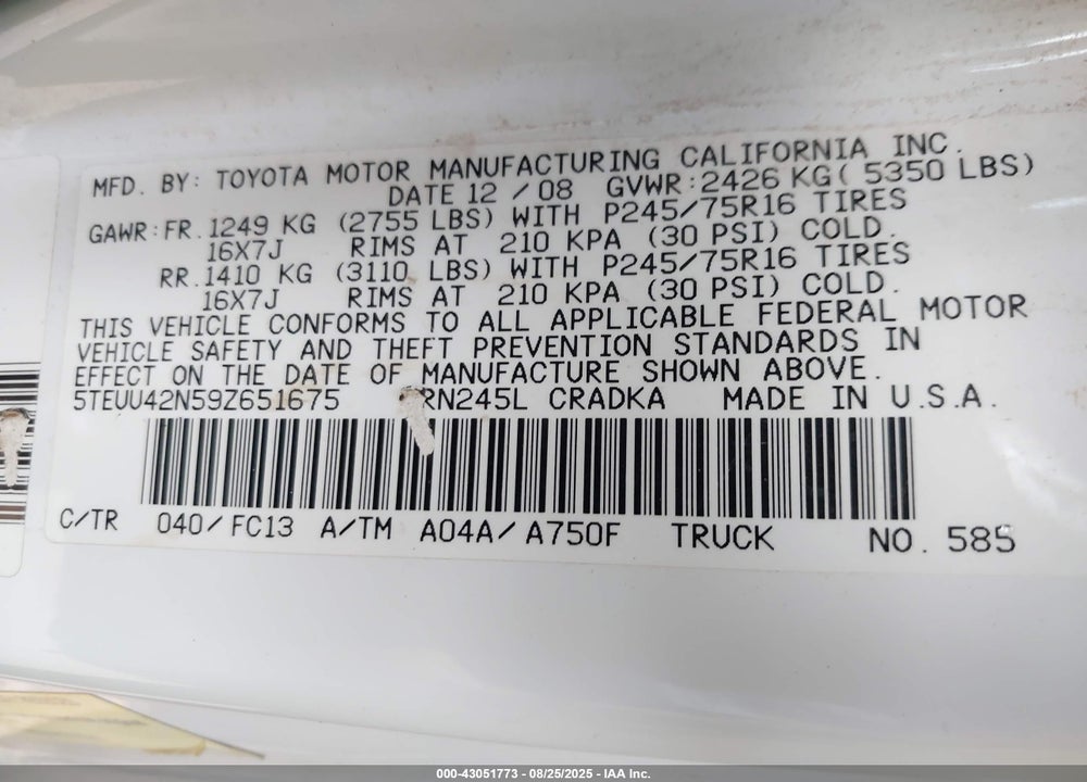 2009 TOYOTA TACOMA VIN: 5TEUU42N59Z651675