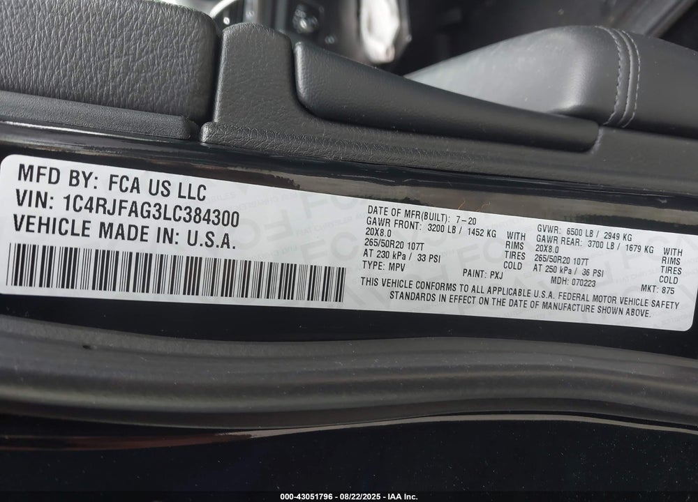 2020 JEEP GRAND CHEROKEE VIN: 1C4RJFAG3LC384300