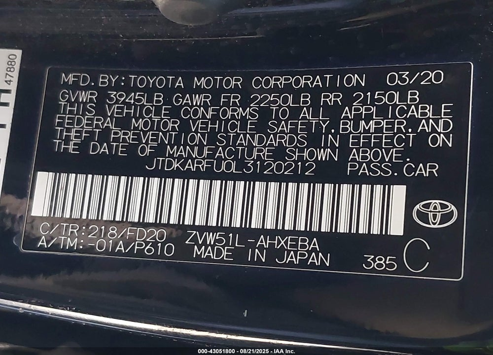 2020 TOYOTA PRIUS VIN: JTDKARFU0L3120212