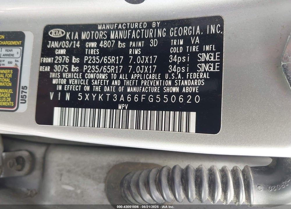 2015 KIA SORENTO VIN: 5XYKT3A66FG550620