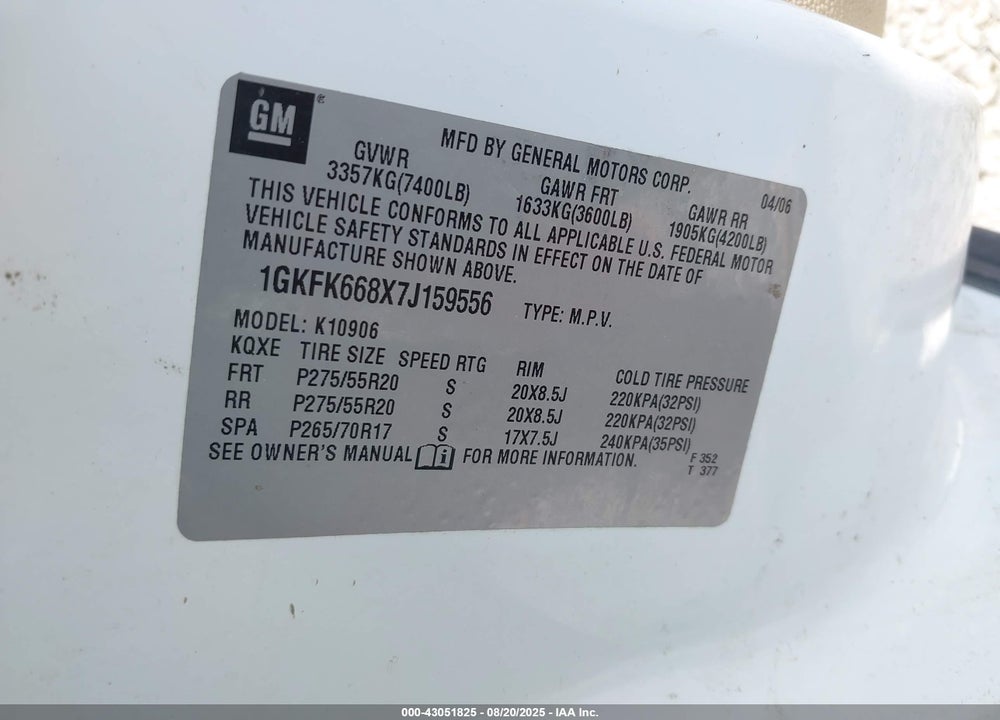 2007 GMC YUKON XL VIN: 1GKFK668X7J159556