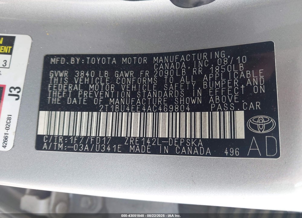 2010 TOYOTA COROLLA S VIN: 2T1BU4EE4AC469804