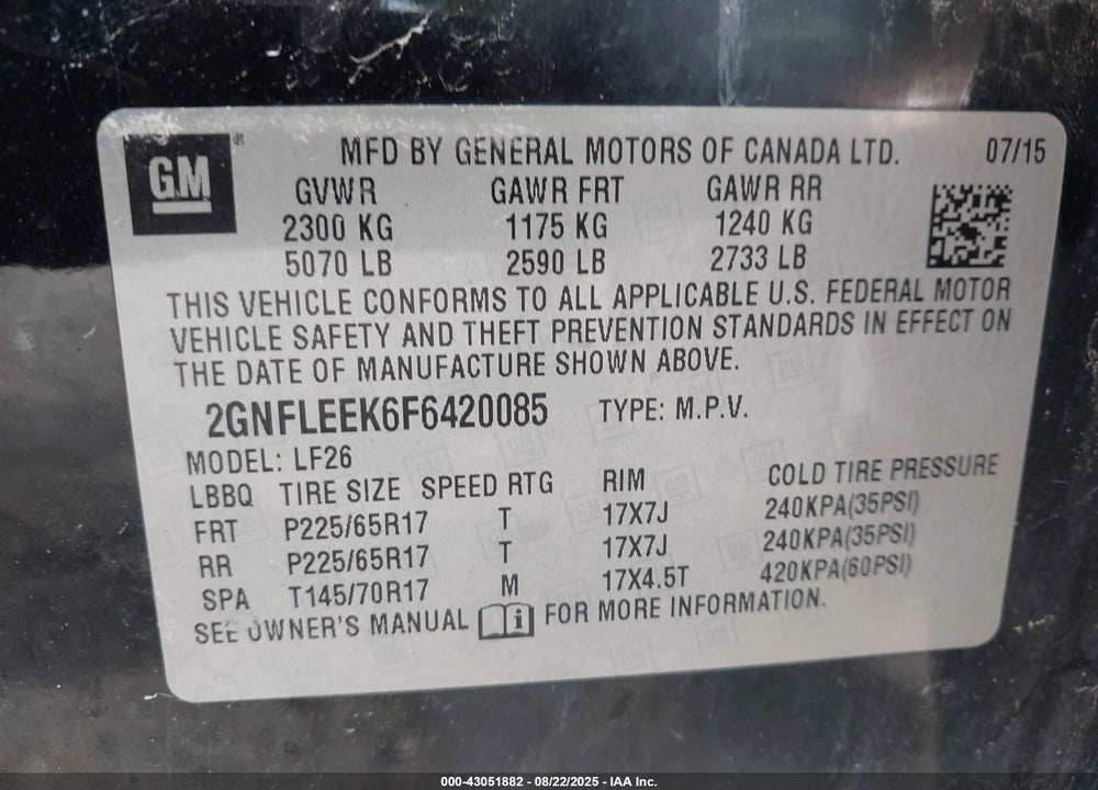 2015 CHEVROLET EQUINOX LS VIN: 2GNFLEEK6F6420085