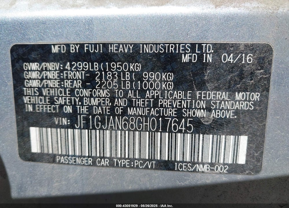 2016 SUBARU IMPREZA VIN: JF1GJAN68GH017645