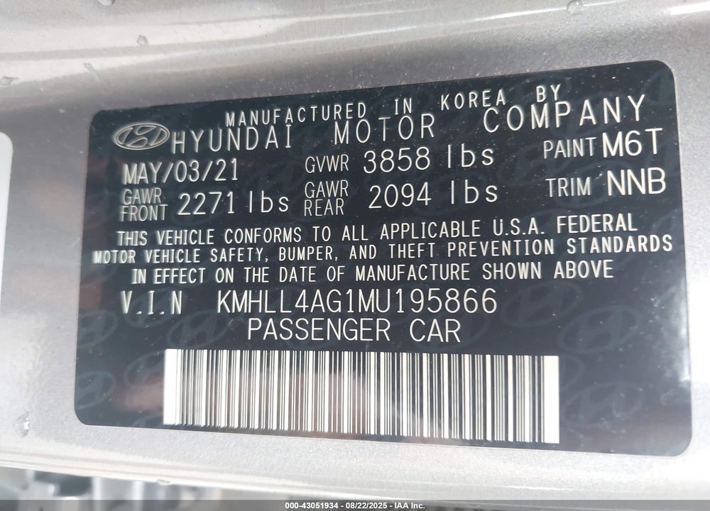 2021 HYUNDAI ELANTRA VIN: KMHLL4AG1MU195866