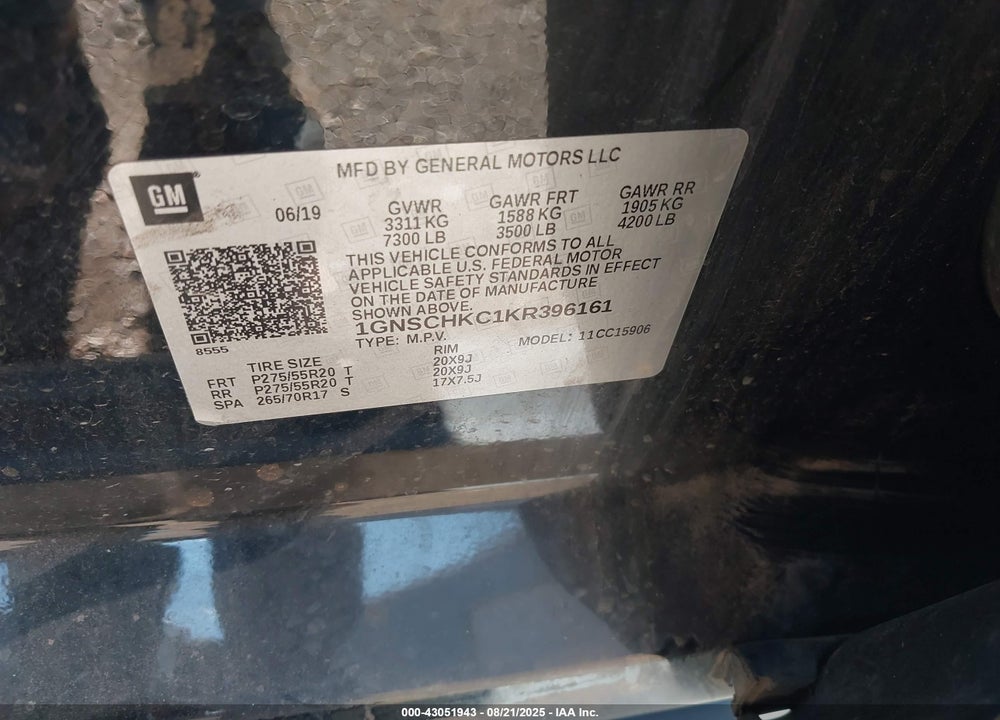 2019 CHEVROLET SUBURBAN LT VIN: 1GNSCHKC1KR396161