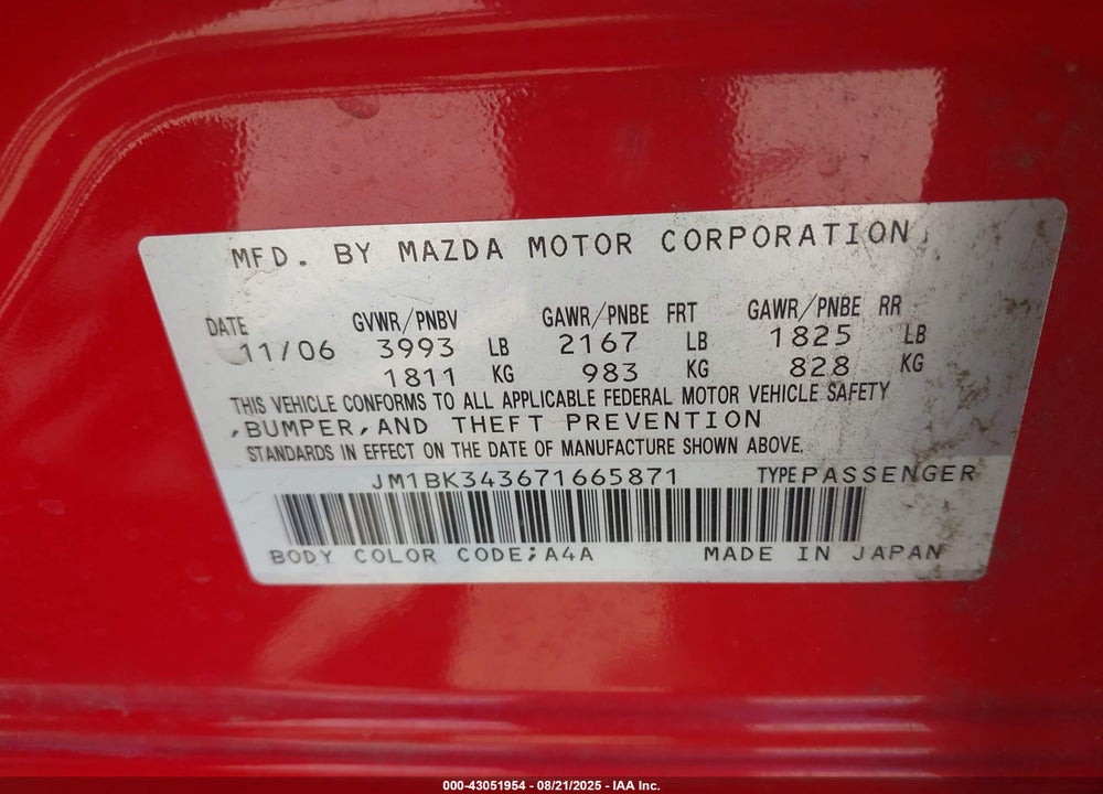 2007 MAZDA 3 S GRAND TOURING VIN: JM1BK343671665871