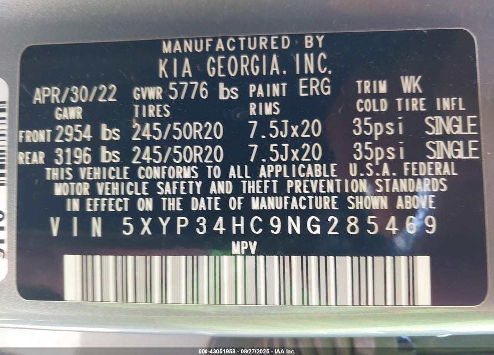 2022 KIA TELLURIDE VIN: 5XYP34HC9NG285469