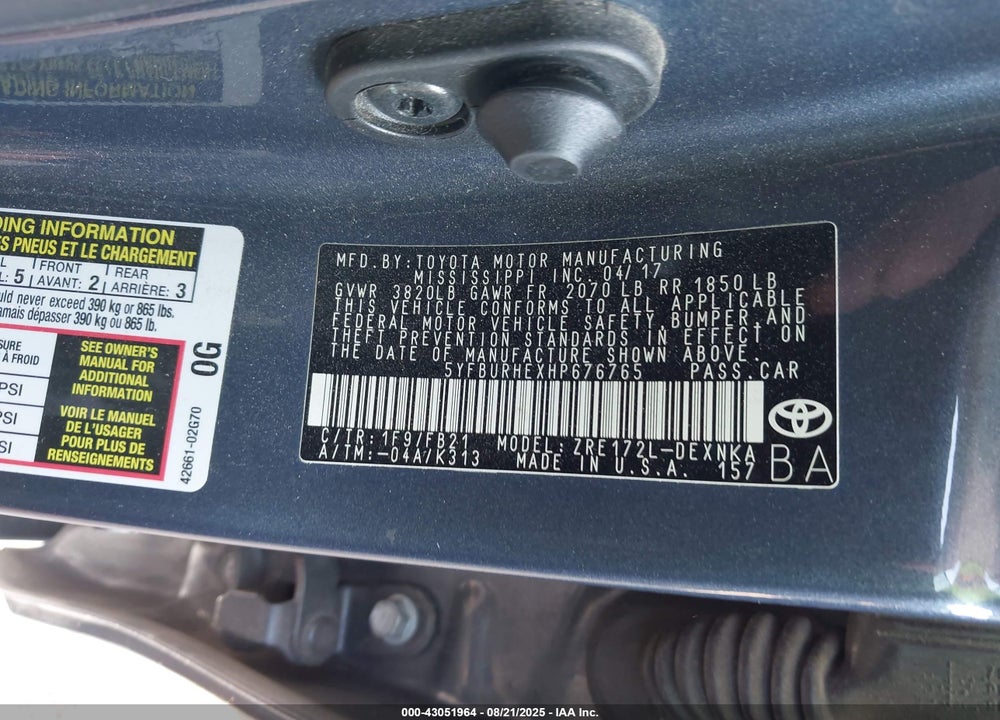 2017 TOYOTA COROLLA VIN: 5YFBURHEXHP676765
