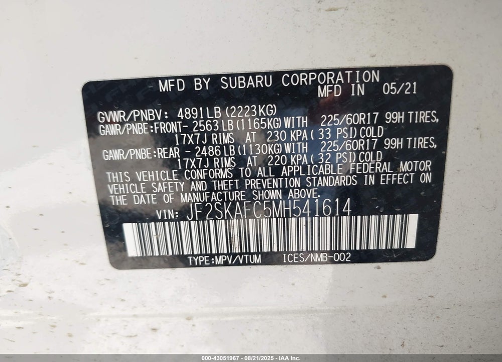 2021 SUBARU FORESTER VIN: JF2SKAFC5MH541614