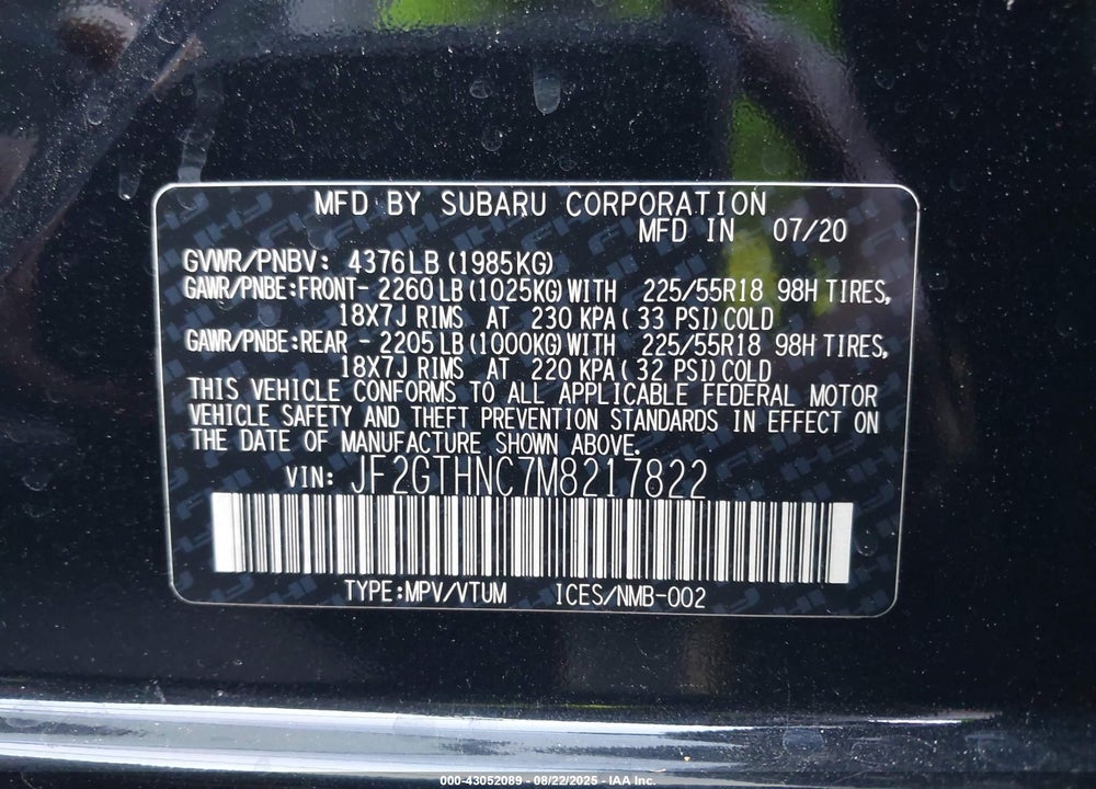 2021 SUBARU CROSSTREK VIN: JF2GTHNC7M8217822