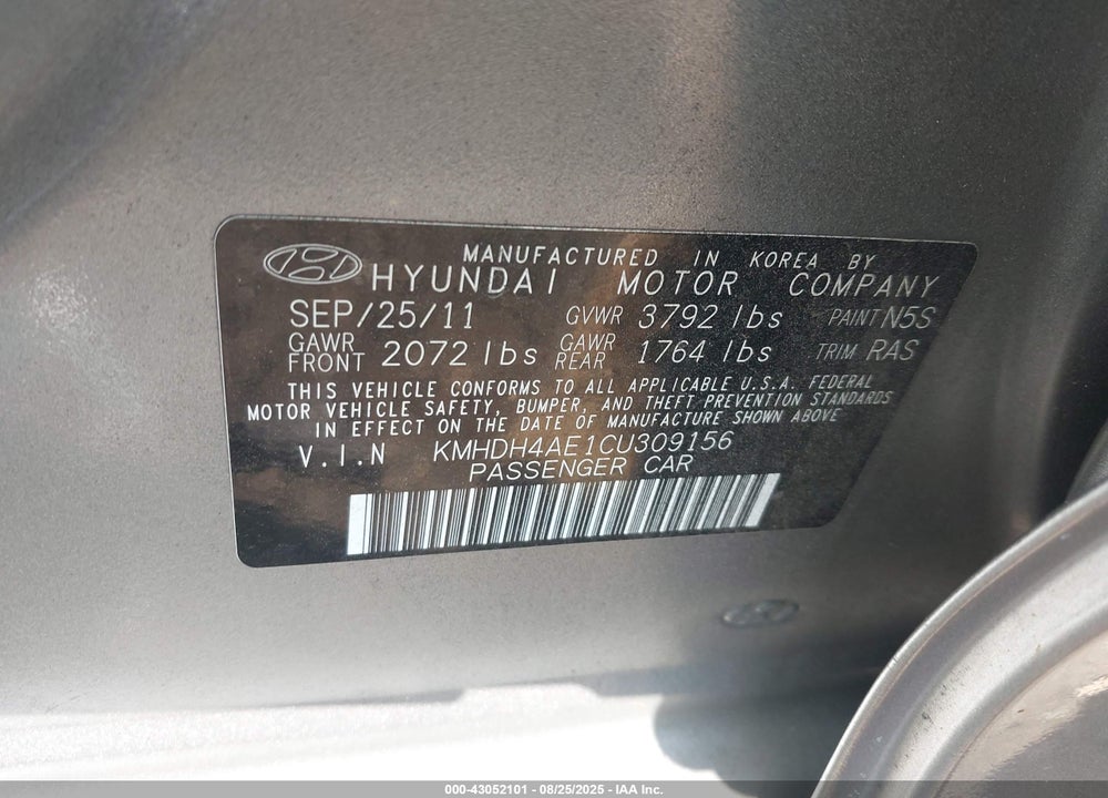 2012 HYUNDAI ELANTRA VIN: KMHDH4AE1CU309156