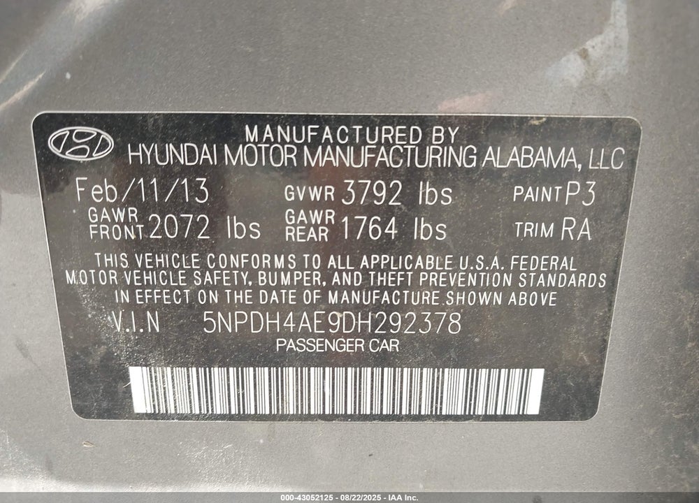 2013 HYUNDAI ELANTRA GLS VIN: 5NPDH4AE9DH292378