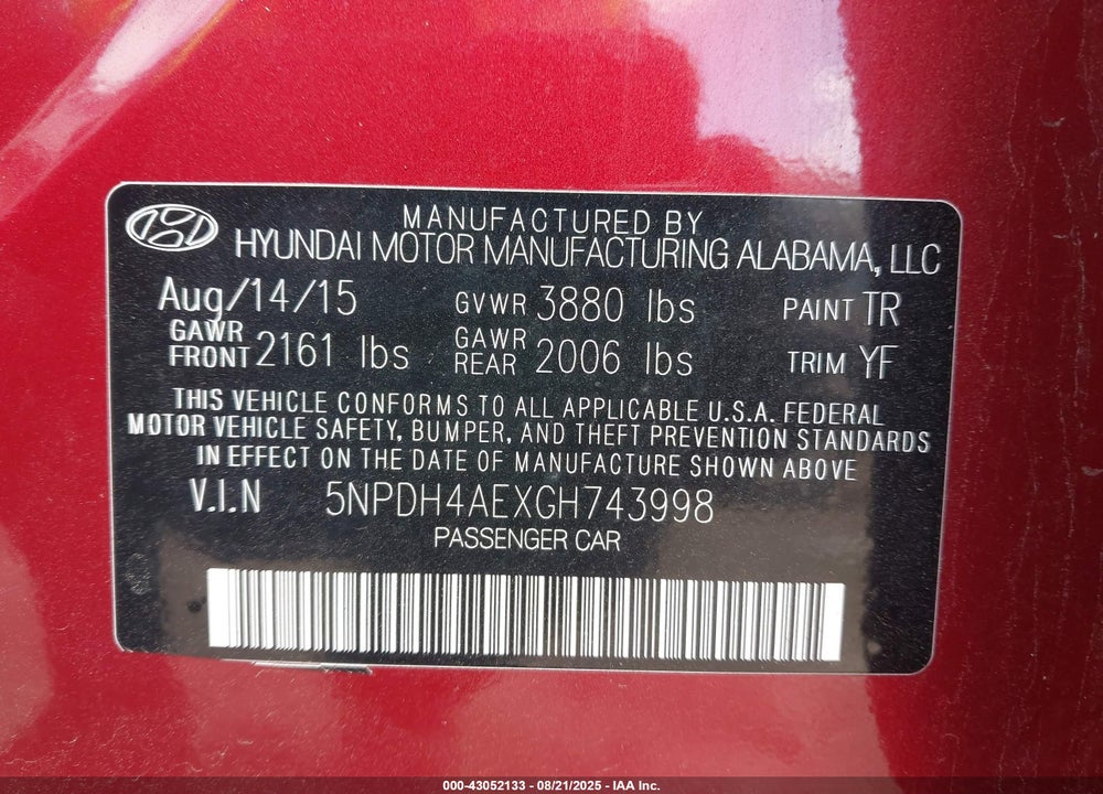 2016 HYUNDAI ELANTRA VIN: 5NPDH4AEXGH743998