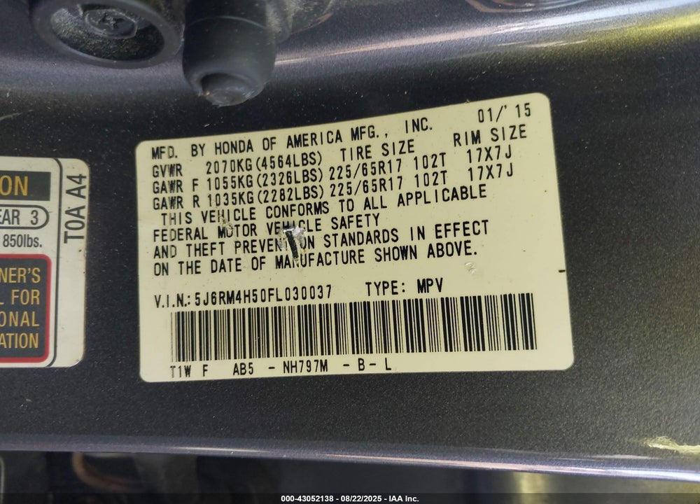 2015 HONDA CR-V VIN: 5J6RM4H50FL030037