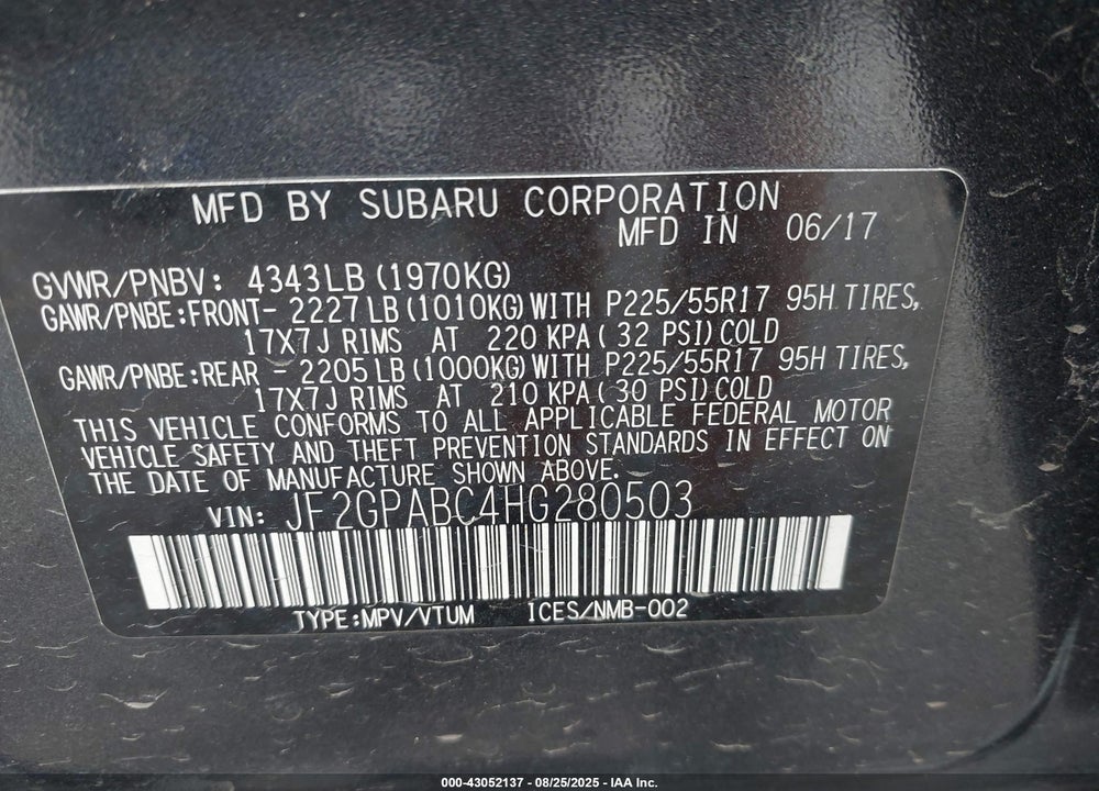 2017 SUBARU CROSSTREK VIN: JF2GPABC4HG280503