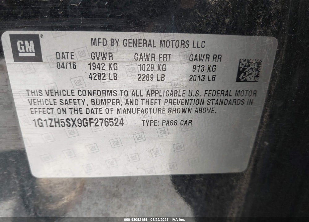 2016 CHEVROLET MALIBU VIN: 1G1ZH5SX9GF276524