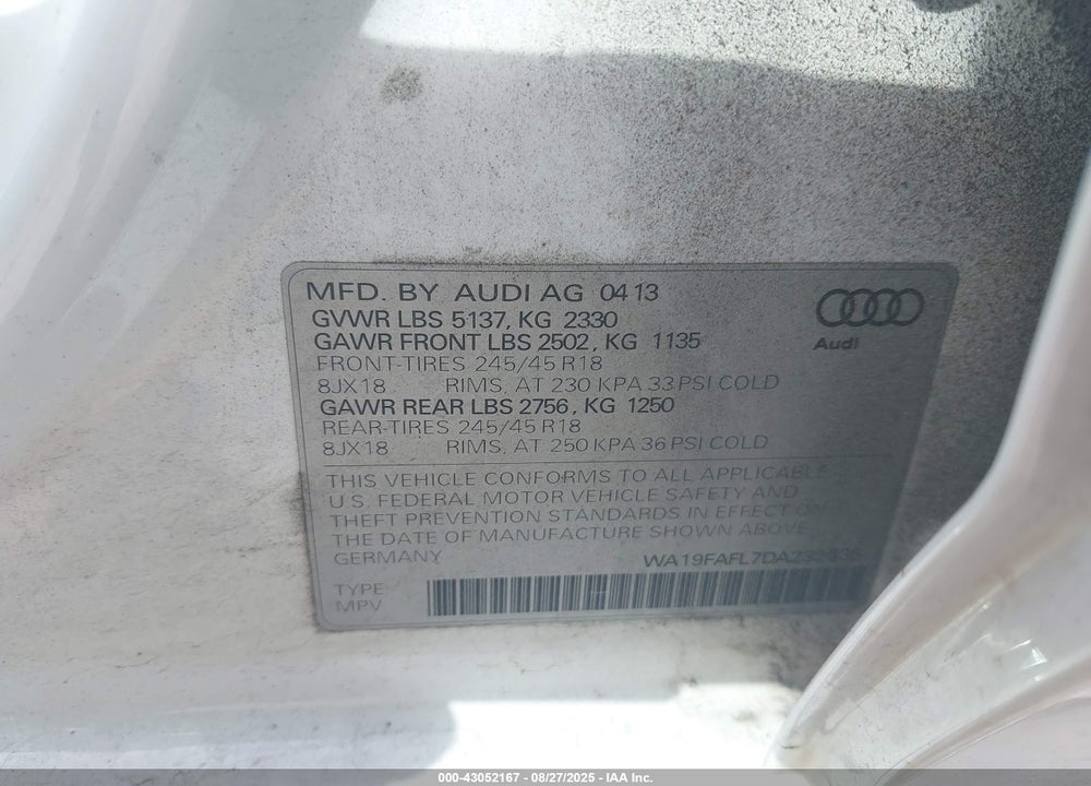 2013 AUDI ALLROAD VIN: WA19FAFL7DA232635