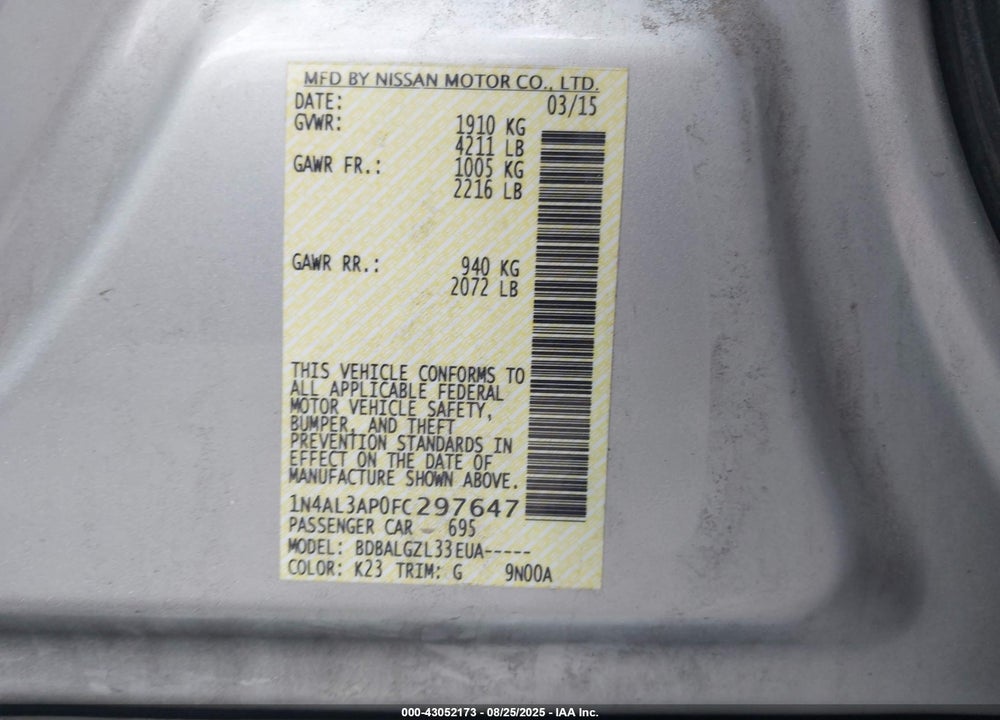 2015 NISSAN ALTIMA VIN: 1N4AL3AP0FC297647