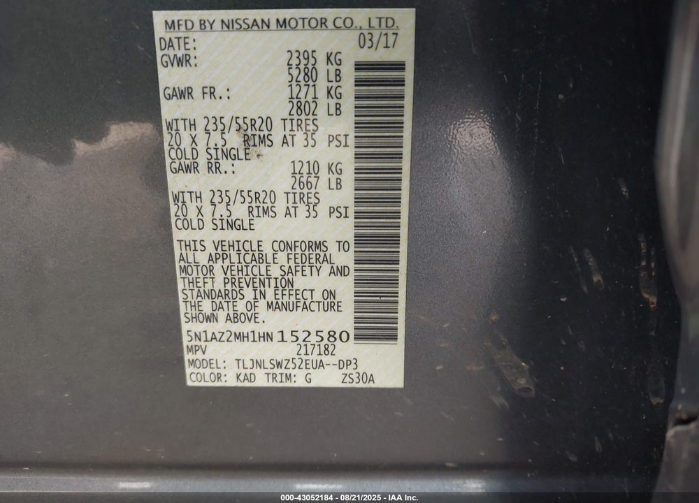 2017 NISSAN MURANO VIN: 5N1AZ2MH1HN152580