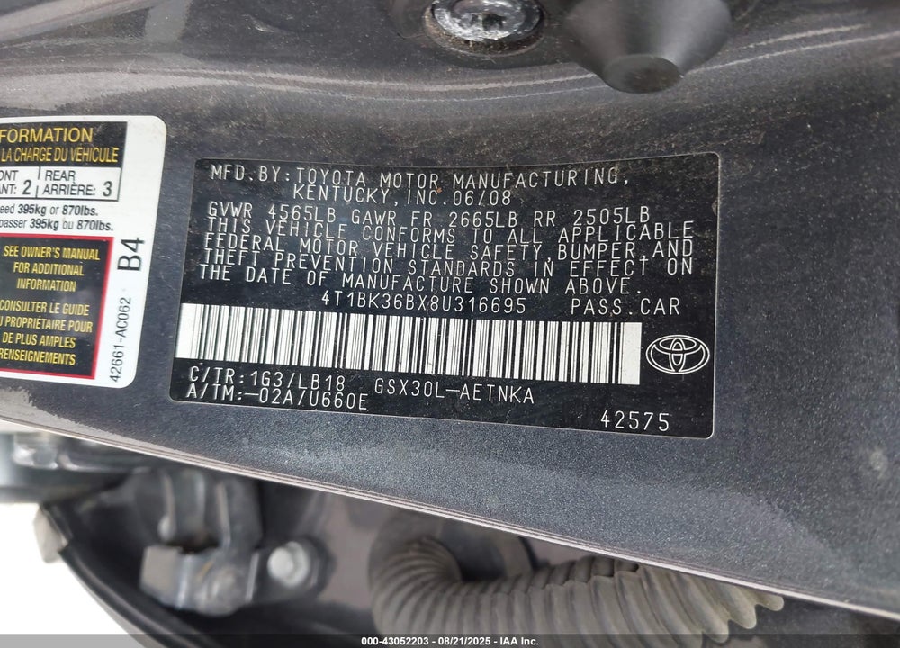 2008 TOYOTA AVALON VIN: 4T1BK36BX8U316695