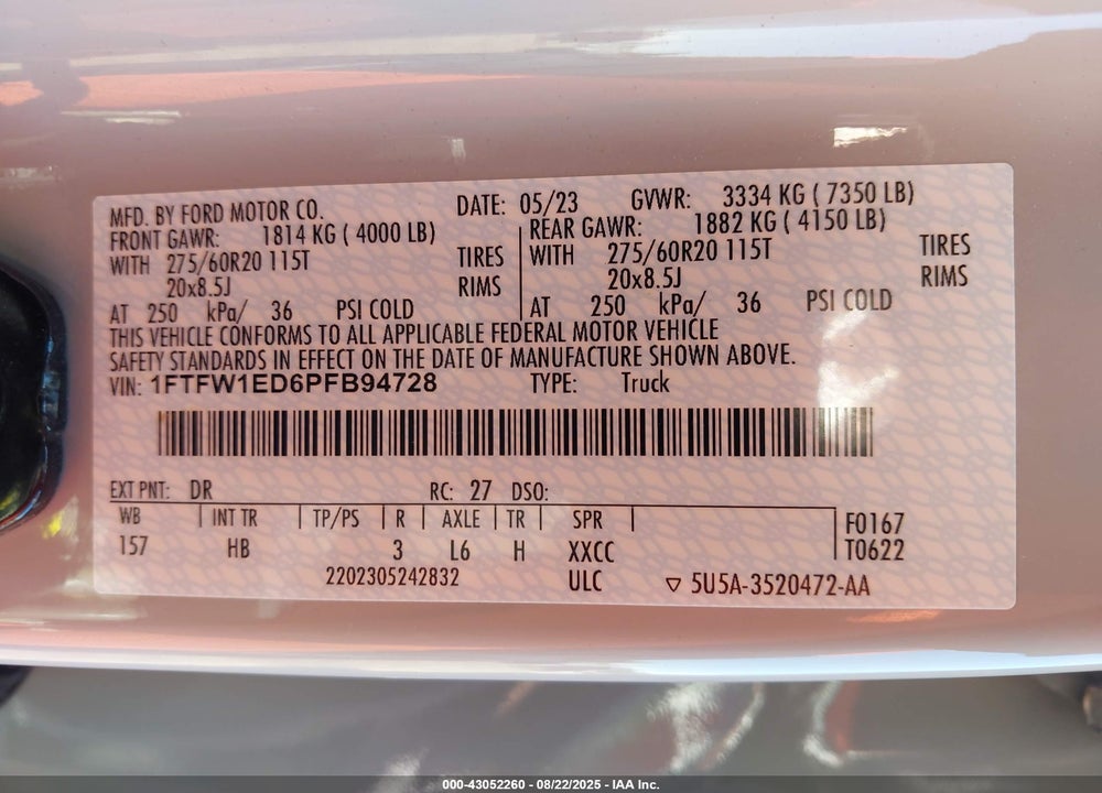 2023 FORD F-150 VIN: 1FTFW1ED6PFB94728