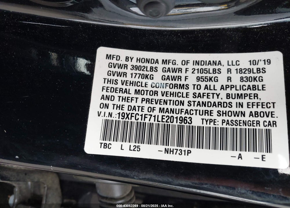 2020 HONDA CIVIC EX-L VIN: 19XFC1F71LE201963