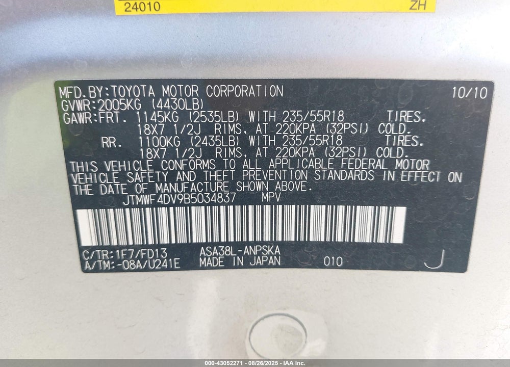 2011 TOYOTA RAV4 VIN: JTMWF4DV9B5034837
