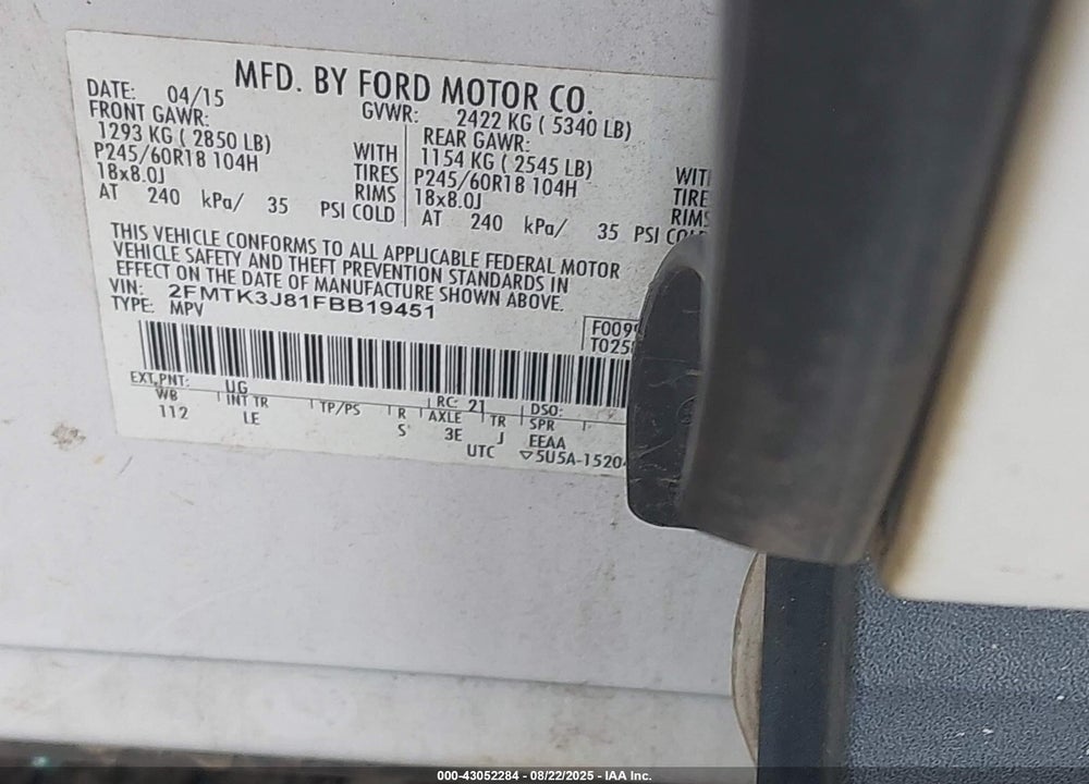 2015 FORD EDGE SEL VIN: 2FMTK3J81FBB19451