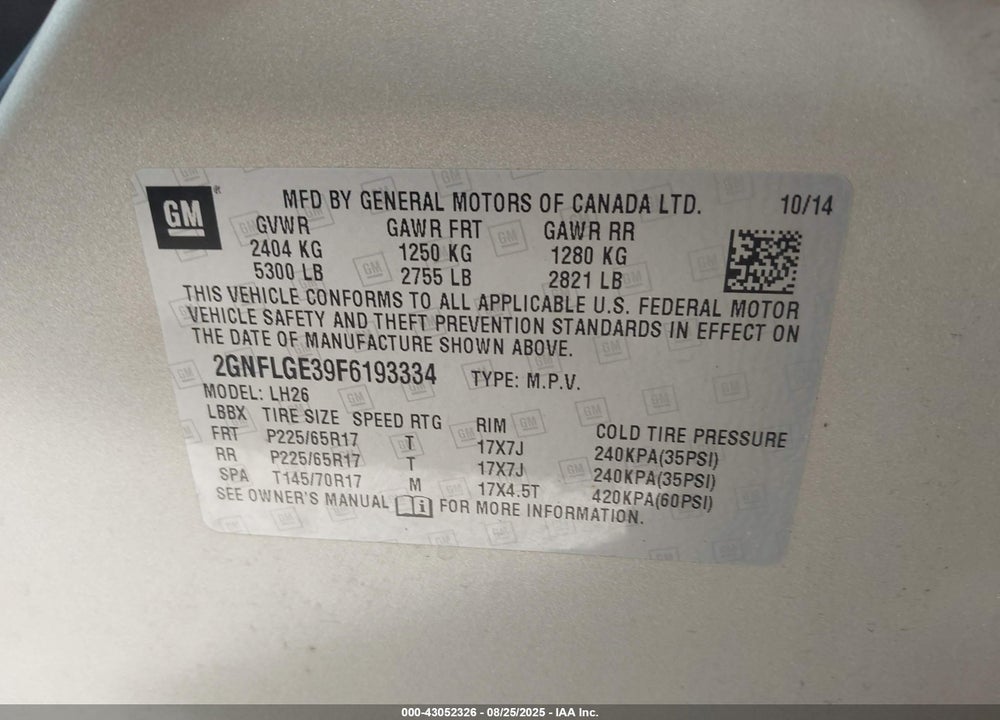 2015 CHEVROLET EQUINOX VIN: 2GNFLGE39F6193334