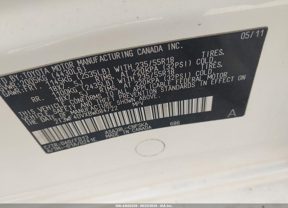 2011 TOYOTA RAV4 VIN: 2T3WF4DVXBW084722