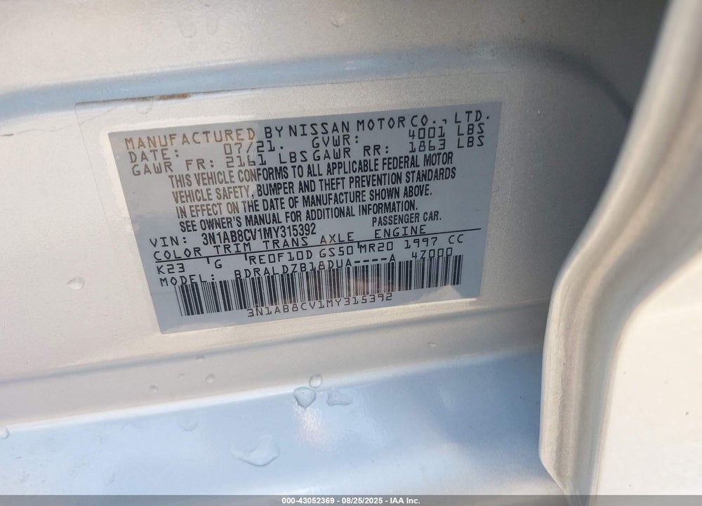 2021 NISSAN SENTRA SV XTRONIC CVT VIN: 3N1AB8CV1MY315392