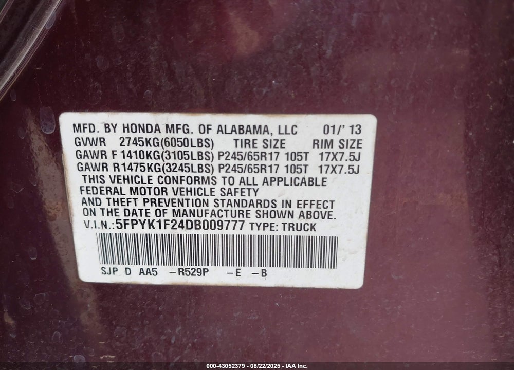2013 HONDA RIDGELINE VIN: 5FPYK1F24DB009777