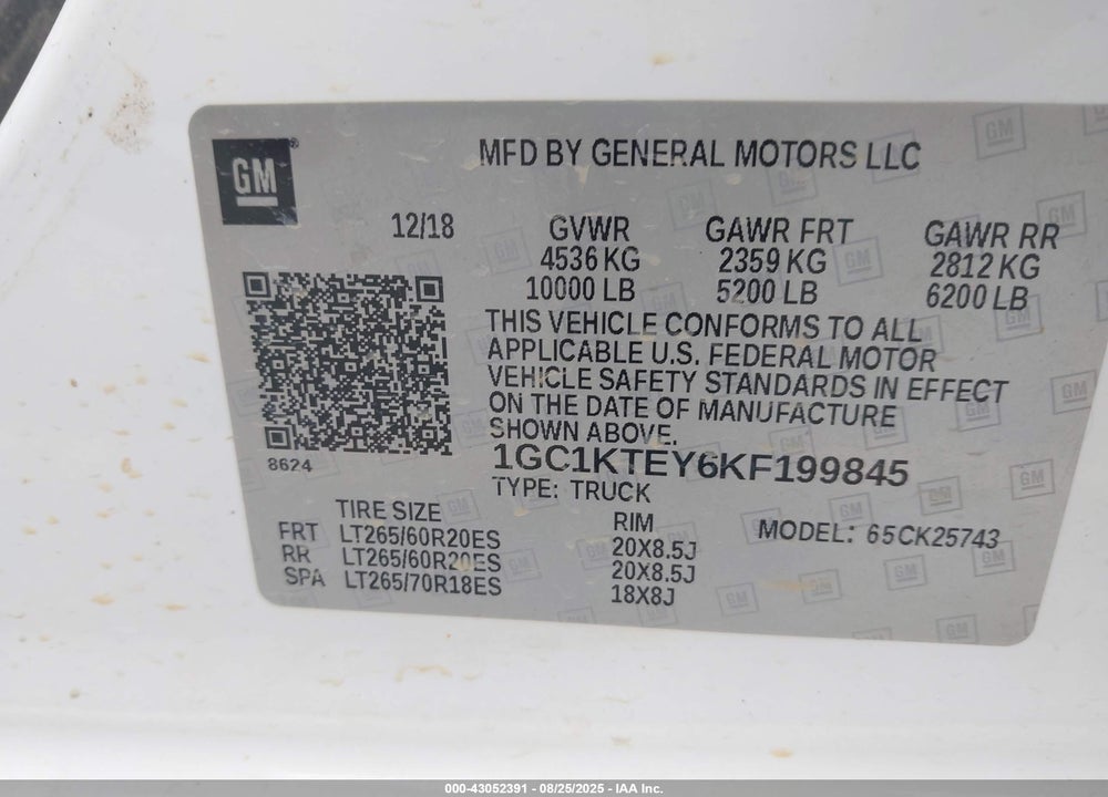 2019 CHEVROLET SILVERADO 2500HD LTZ VIN: 1GC1KTEY6KF199845