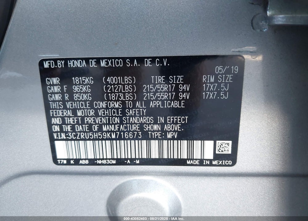 2019 HONDA HR-V VIN: 3CZRU5H59KM716673