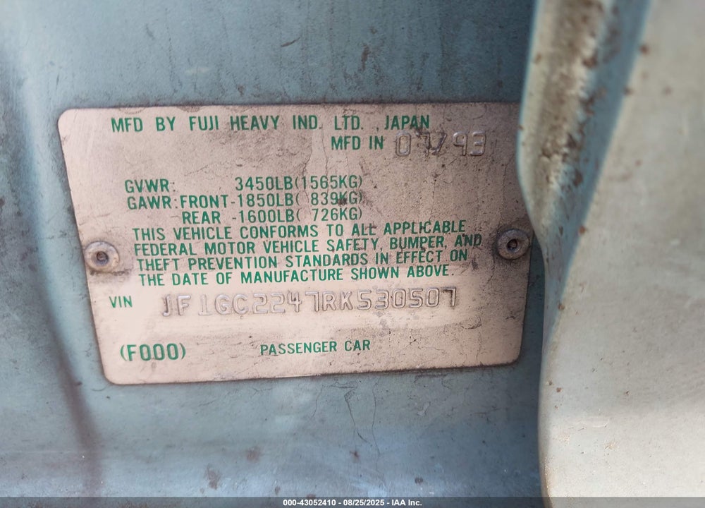 1994 SUBARU IMPREZA L VIN: JF1GC2247RK530507