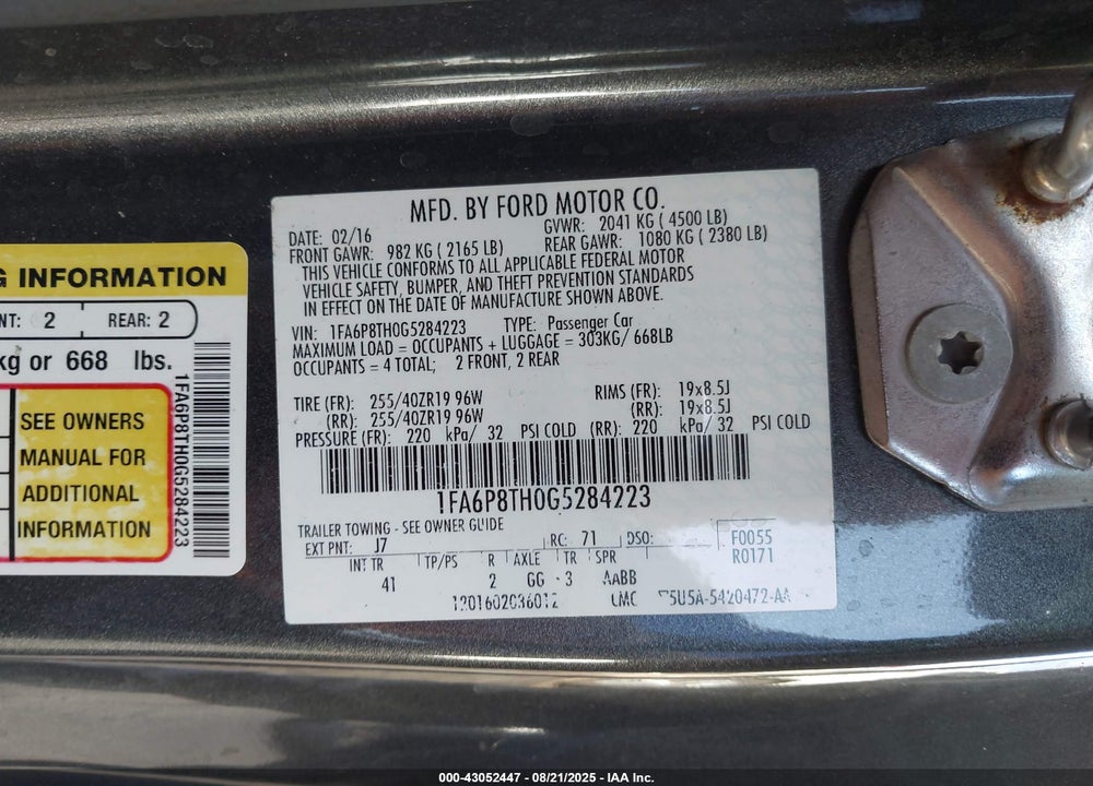 2016 FORD MUSTANG VIN: 1FA6P8TH0G5284223