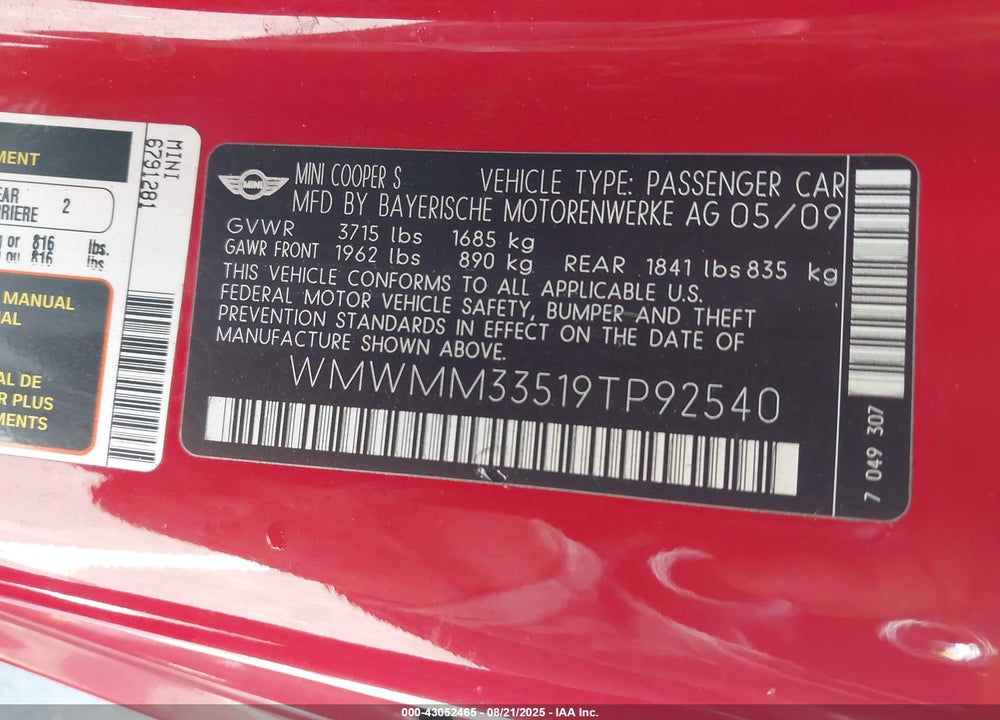 2009 MINI COOPER S CLUBMAN VIN: WMWMM33519TP92540