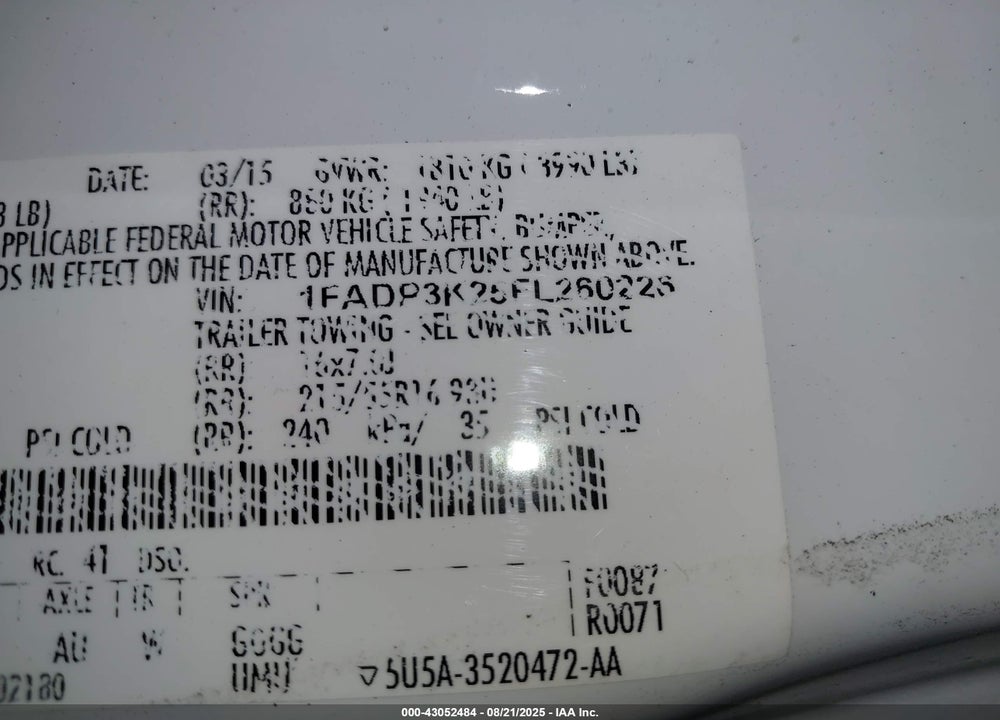 2015 FORD FOCUS VIN: 1FADP3K25FL260226