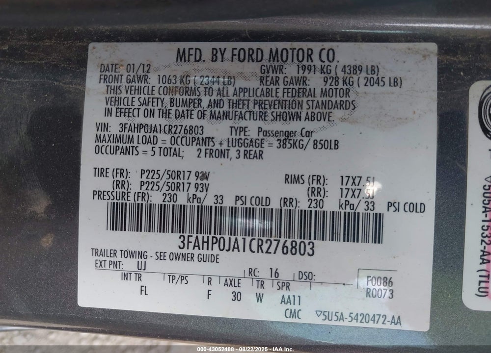 2012 FORD FUSION SEL VIN: 3FAHP0JA1CR276803